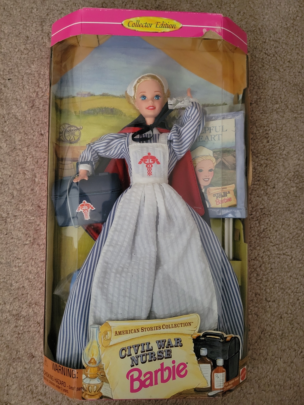 Vintage 1995 Civil War Nurse Barbie - White & Blue Dress